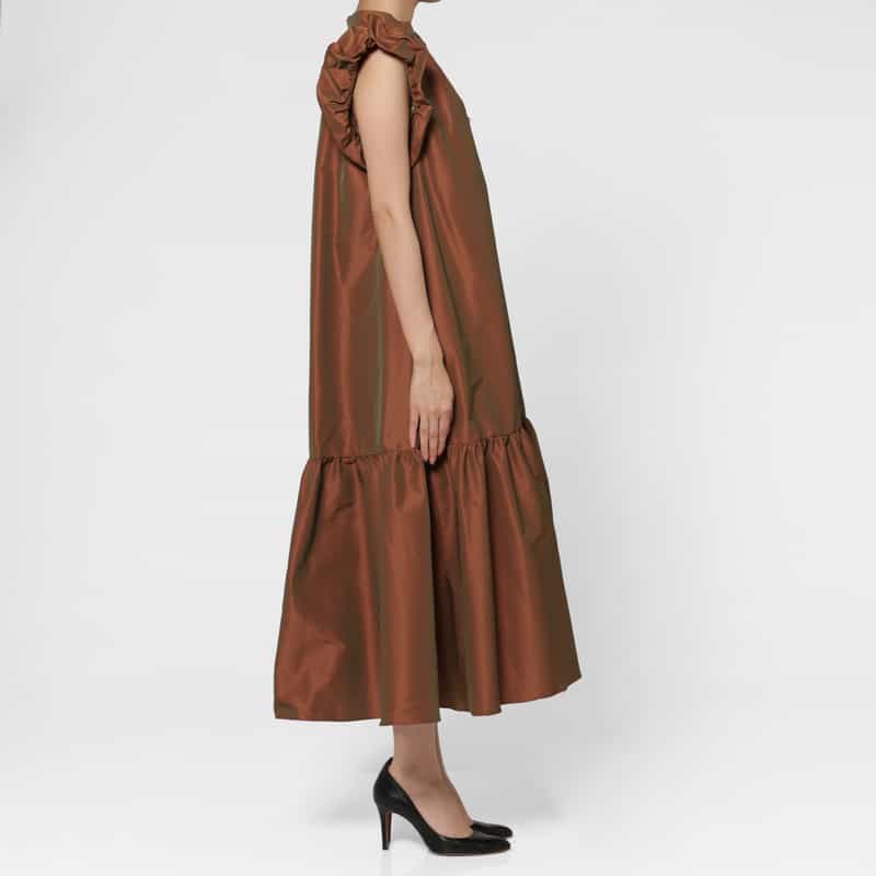 BARNEYS NEW YORK ウォッシャブル グログラン素材フリルスリーブAラインドレス BROWN