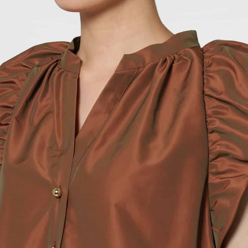 BARNEYS NEW YORK ウォッシャブル グログラン素材フリルスリーブAラインドレス BROWN