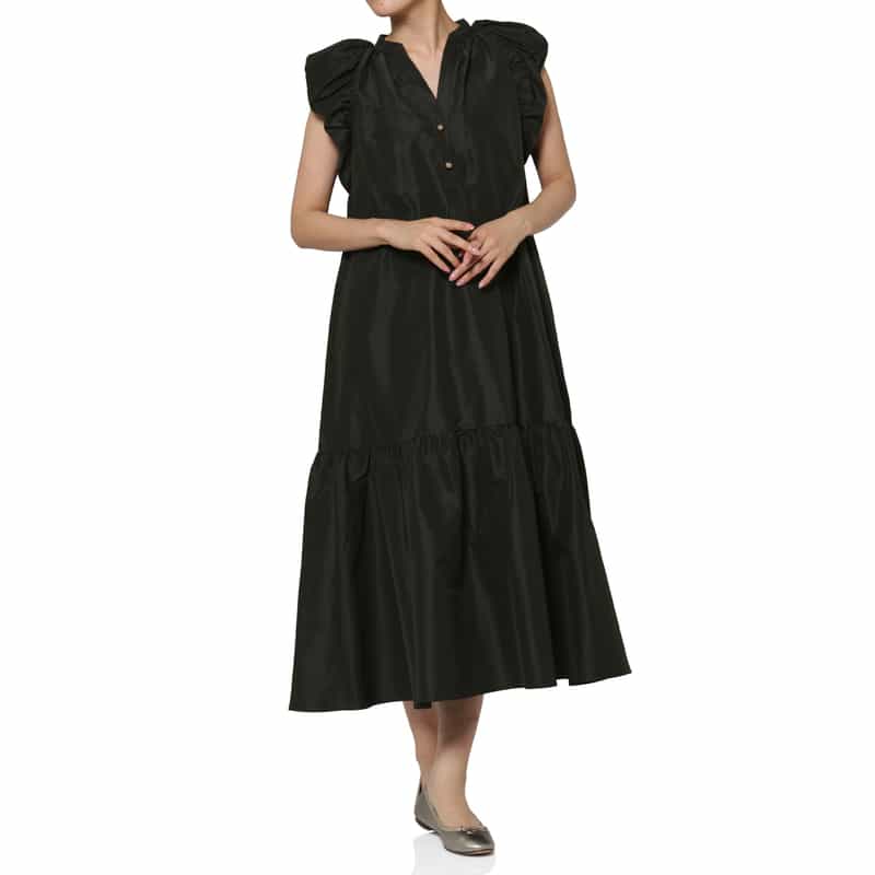 BARNEYS NEW YORK ウォッシャブル グログラン素材フリルスリーブAラインドレス BLACK