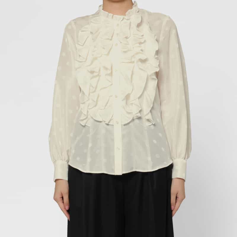 BARNEYS NEW YORK ウォッシャブル シアー素材ドット柄ラッフルデザインバンドカラー ロングスリーブブラウス OFF WHITE