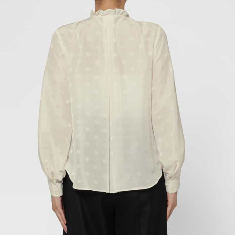 BARNEYS NEW YORK ウォッシャブル シアー素材ドット柄ラッフルデザインバンドカラー ロングスリーブブラウス OFF WHITE