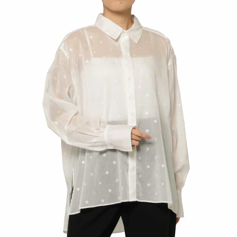 BARNEYS NEW YORK ウォッシャブル シアー素材ドット柄シャツ WHITE