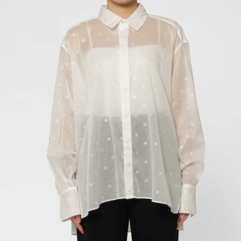 BARNEYS NEW YORK ウォッシャブル シアー素材ドット柄シャツ WHITE