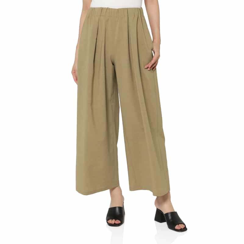 BARNEYS NEW YORK ウォッシャブル リネンライク ポプリンストレッチ ドローストリングワイドパンツ CAMEL