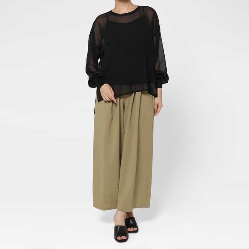 BARNEYS NEW YORK ウォッシャブル リネンライク ポプリンストレッチ ドローストリングワイドパンツ CAMEL