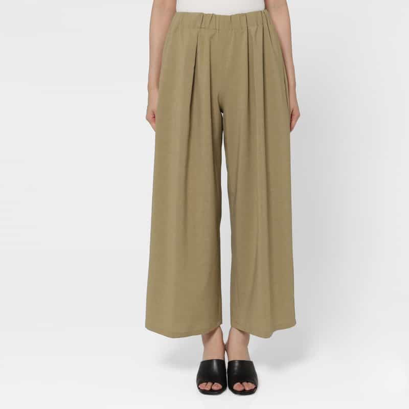 BARNEYS NEW YORK ウォッシャブル リネンライク ポプリンストレッチ ドローストリングワイドパンツ CAMEL