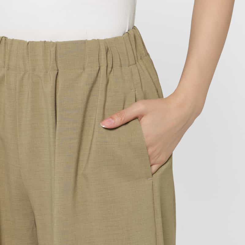 BARNEYS NEW YORK ウォッシャブル リネンライク ポプリンストレッチ ドローストリングワイドパンツ CAMEL