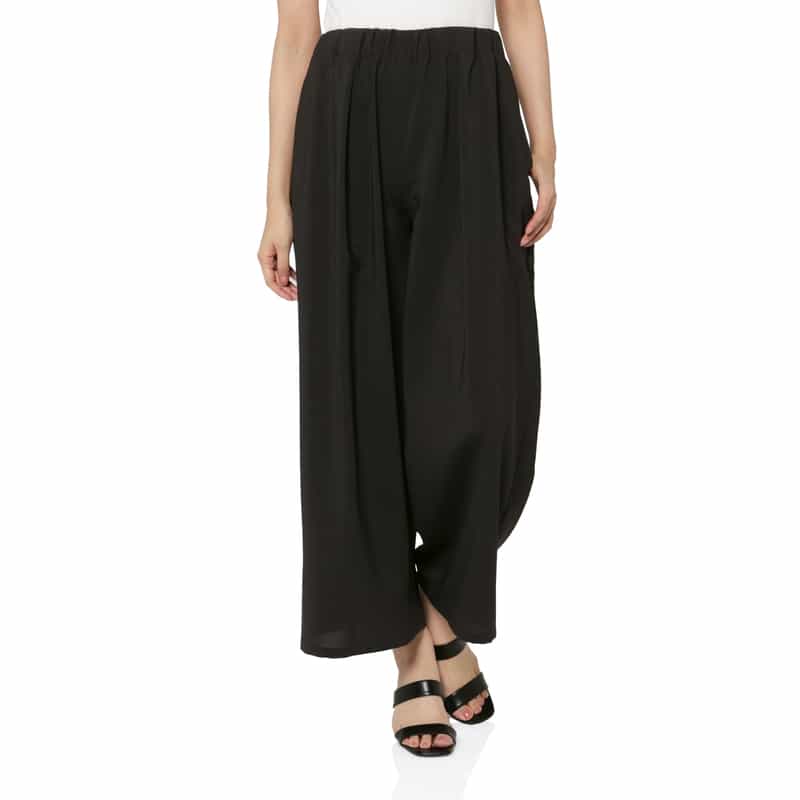 BARNEYS NEW YORK ウォッシャブル リネンライク ポプリンストレッチ ドローストリングワイドパンツ BLACK