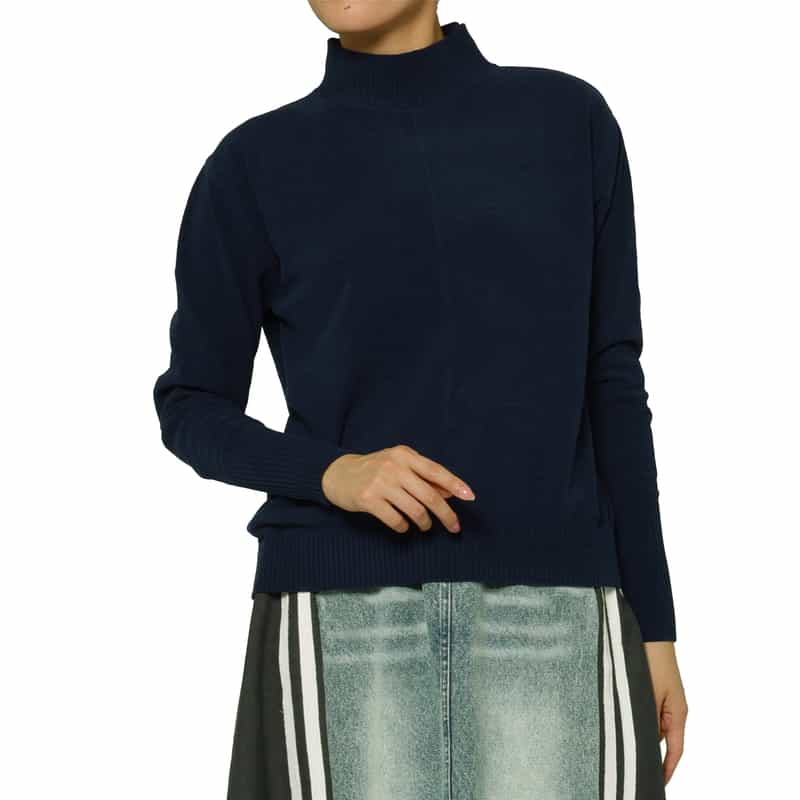BARNEYS NEW YORK モールヤーン モックネックニットプルオーバー NAVY