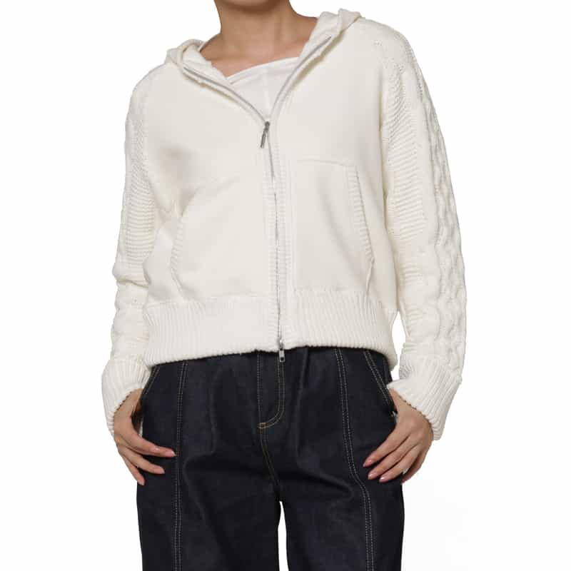 BARNEYS NEW YORK ポンチ×ケーブルニット コンビネーション ジップアップフーデッドパーカー OFF WHITE