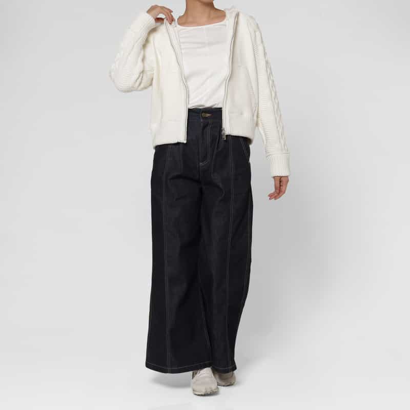 BARNEYS NEW YORK ポンチ×ケーブルニット コンビネーション ジップアップフーデッドパーカー OFF WHITE