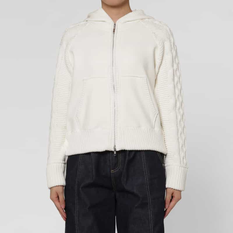 BARNEYS NEW YORK ポンチ×ケーブルニット コンビネーション ジップアップフーデッドパーカー OFF WHITE