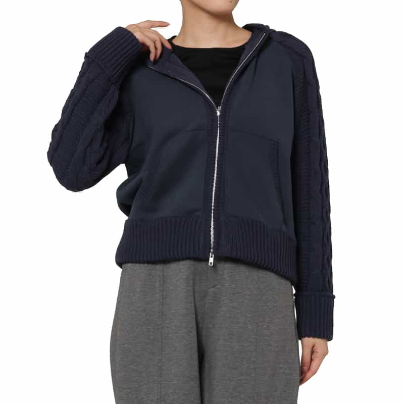 BARNEYS NEW YORK ポンチ×ケーブルニット コンビネーション ジップアップフーデッドパーカー NAVY