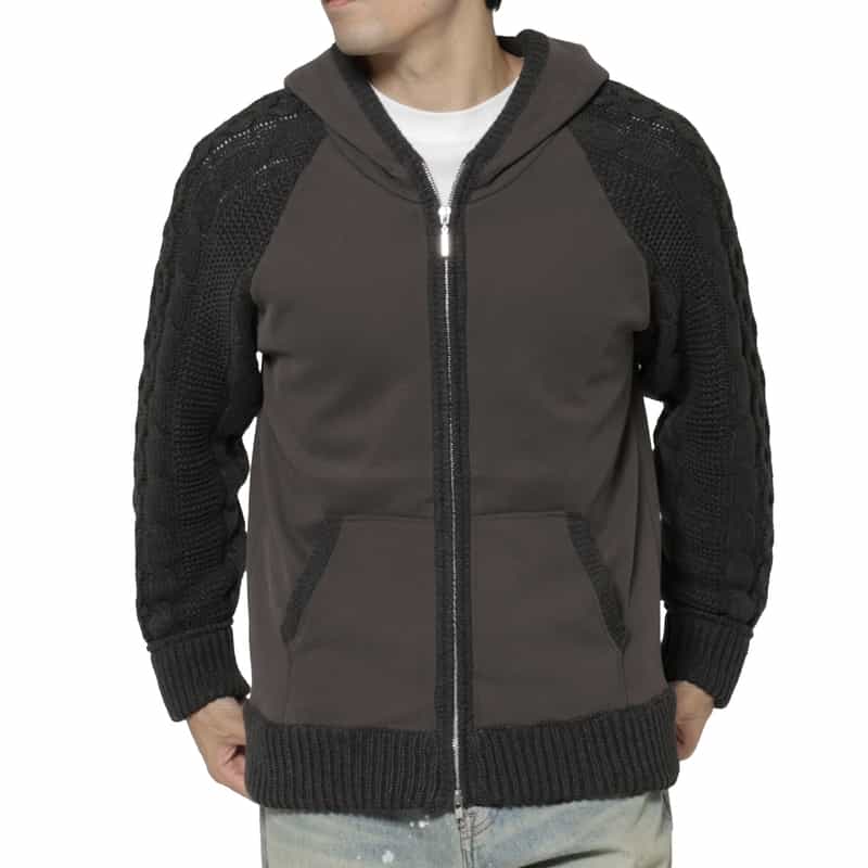 BARNEYS NEW YORK ポンチ素材ケーブルニットジップアップパーカー GRAY