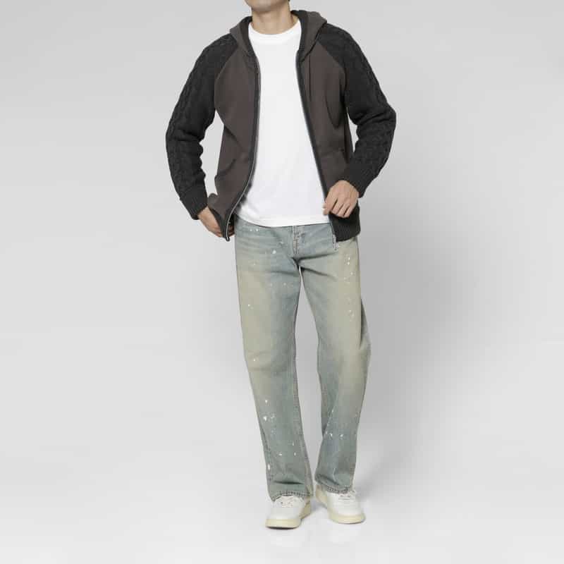 BARNEYS NEW YORK ポンチ素材ケーブルニットジップアップパーカー GRAY