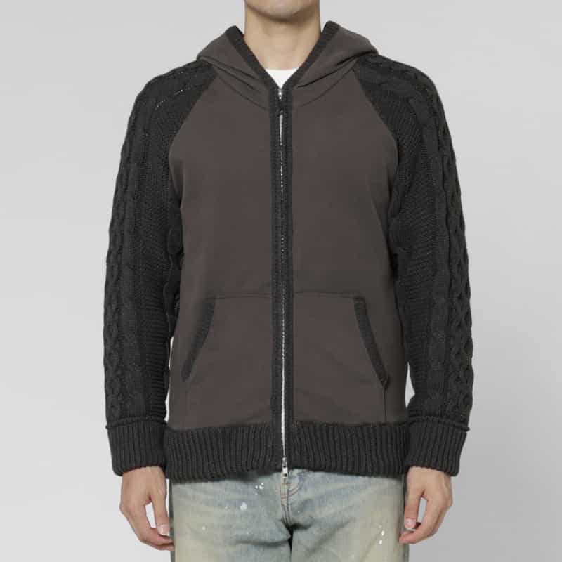 BARNEYS NEW YORK ポンチ素材ケーブルニットジップアップパーカー GRAY