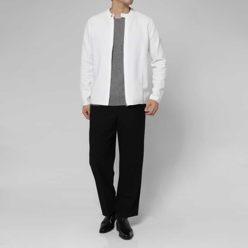 BARNEYS NEW YORK ヘリンボーンリンクス ライダースジップアップニットブルゾン WHITE