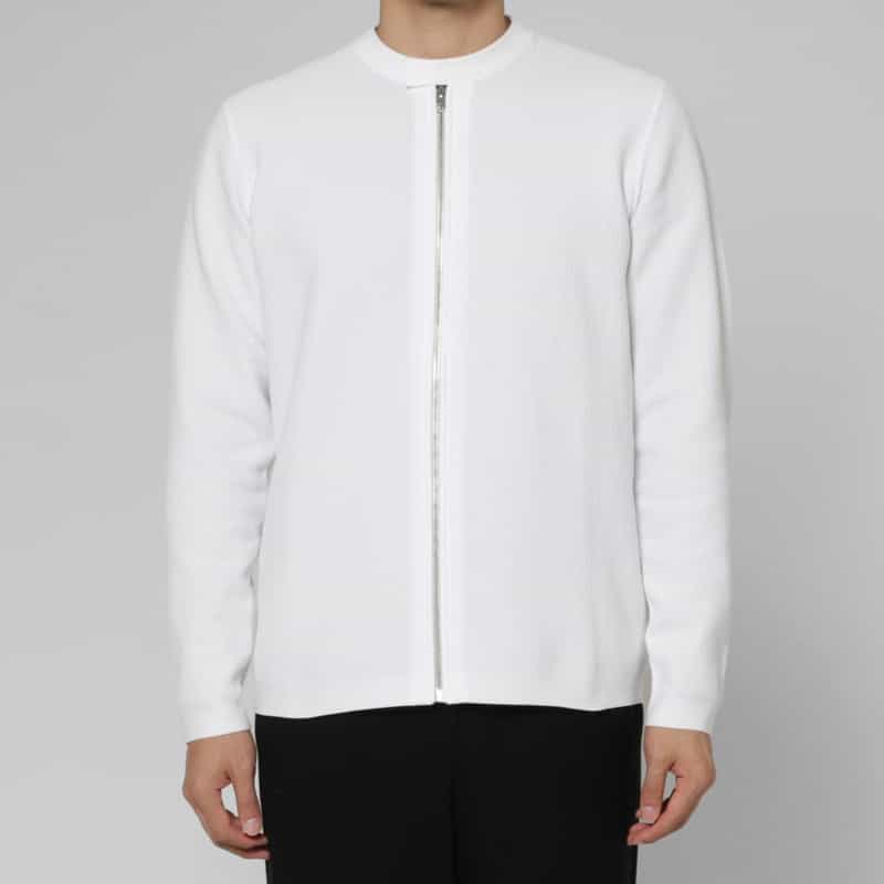 BARNEYS NEW YORK ヘリンボーンリンクス ライダースジップアップニットブルゾン WHITE