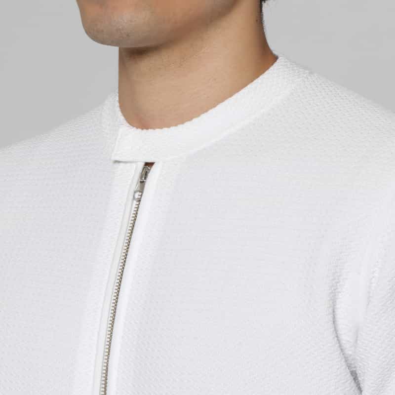 BARNEYS NEW YORK ヘリンボーンリンクス ライダースジップアップニットブルゾン WHITE