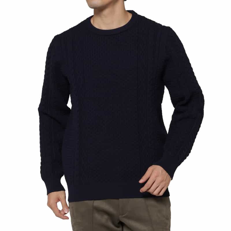 BARNEYS NEW YORK アランケーブルクルーネックニットプルオーバー NAVY