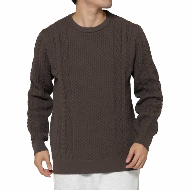 BARNEYS NEW YORK アランケーブルクルーネックニットプルオーバー BROWN