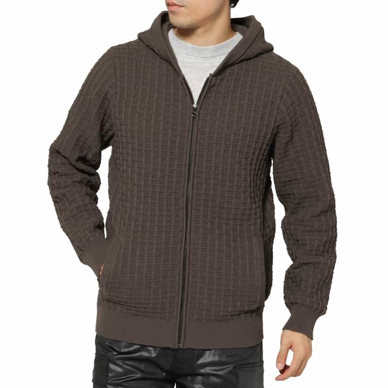 BARNEYS NEW YORK ワッフルニットジップアップパーカー BROWN