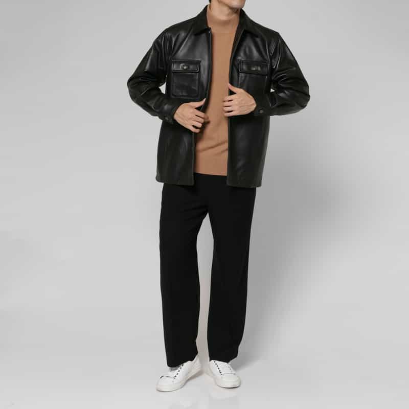 BARNEYS NEW YORK ラムレザーシャツブルゾン BLACK