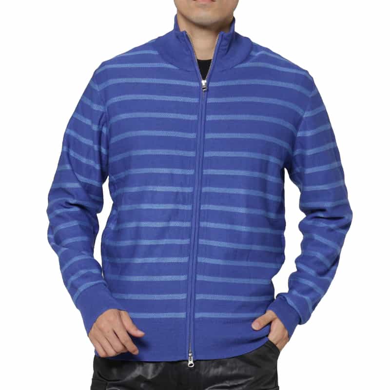 BARNEYS NEW YORK ボーダー柄ジップアップニットカーディガン BLUE