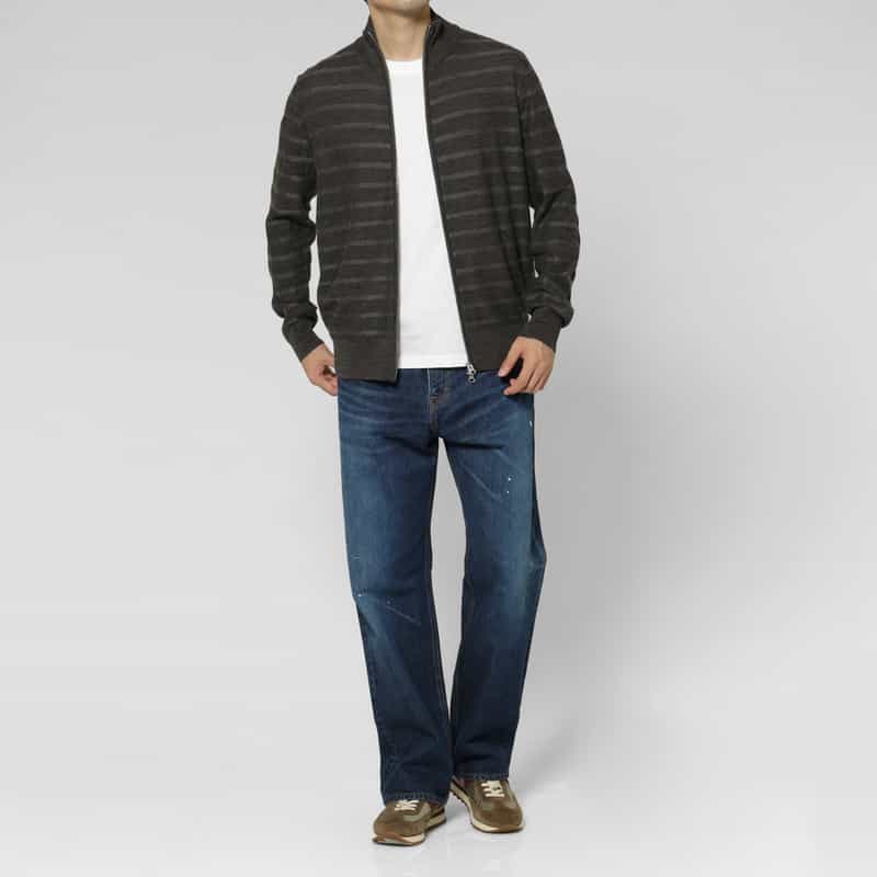 BARNEYS NEW YORK ボーダー柄ジップアップニットカーディガン GRAY