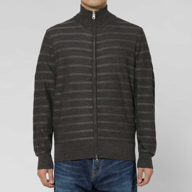 BARNEYS NEW YORK ボーダー柄ジップアップニットカーディガン GRAY