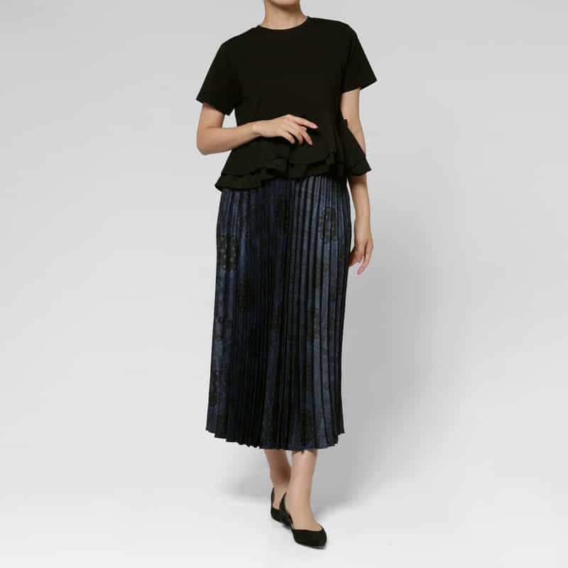 BARNEYS NEW YORK ペイズリー柄プリント アコーディオンプリーツスカート NAVY