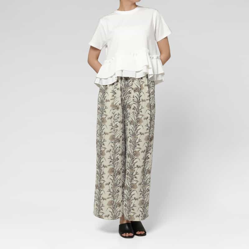 BARNEYS NEW YORK ウォッシャブル ボタニカル柄ワイドパンツ OFF WHITE