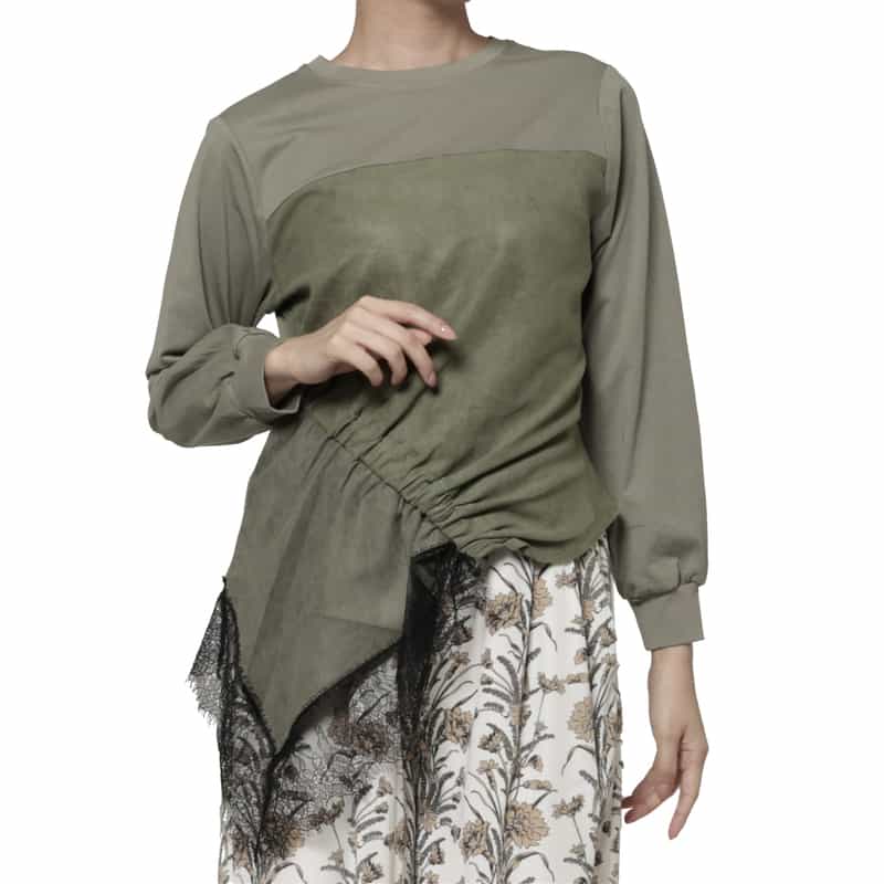 BARNEYS NEW YORK ウォッシャブル コンビネーション アシンメトリーレースデザインカットソー KHAKI