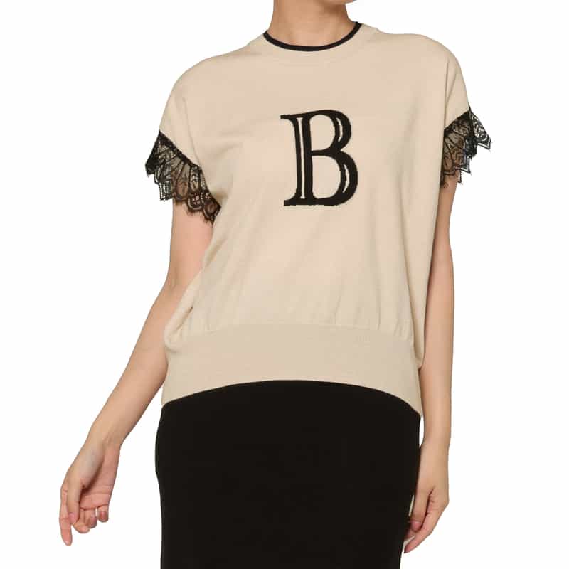 BARNEYS NEW YORK ウォッシャブル ロゴ入りレーススリーブ ジャカードニットプルオーバー BEIGE