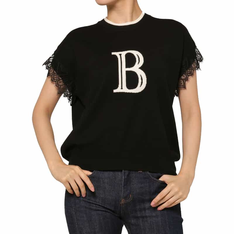 BARNEYS NEW YORK ウォッシャブル ロゴ入りレーススリーブ ジャカードニットプルオーバー BLACK