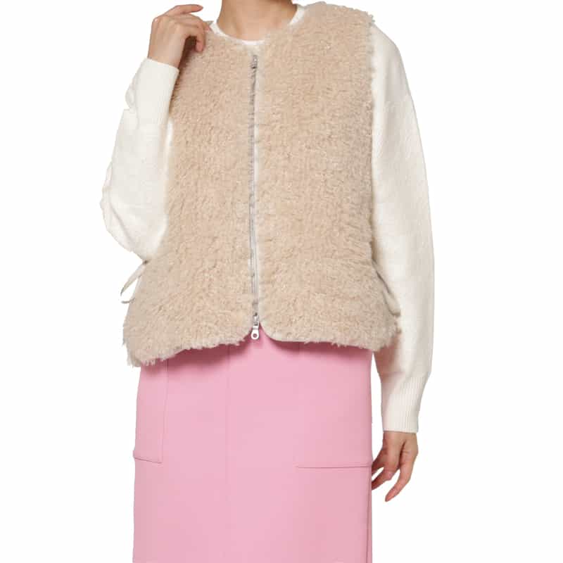 BARNEYS NEW YORK エコファー Wジップアップショートベスト BEIGE