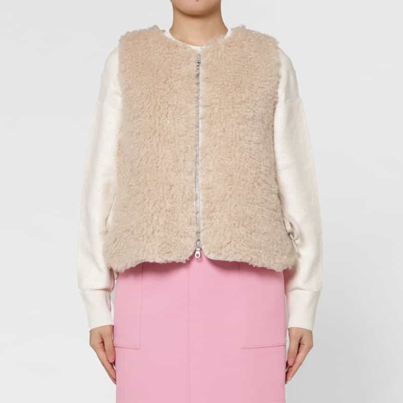BARNEYS NEW YORK エコファー Wジップアップショートベスト BEIGE