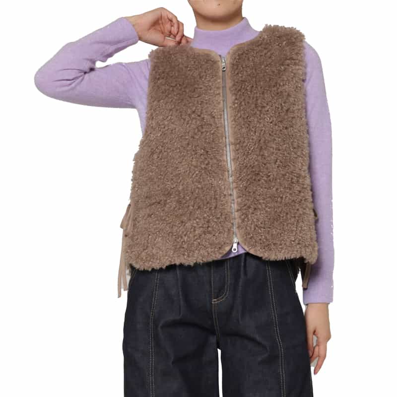 BARNEYS NEW YORK エコファー Wジップアップショートベスト LIGHT BROWN