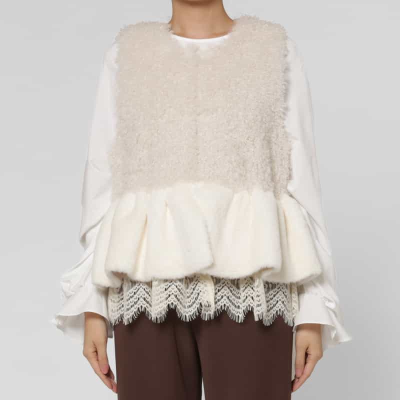 BARNEYS NEW YORK エコファーWヘムデザイン 2WAYショートベスト OFF WHITE