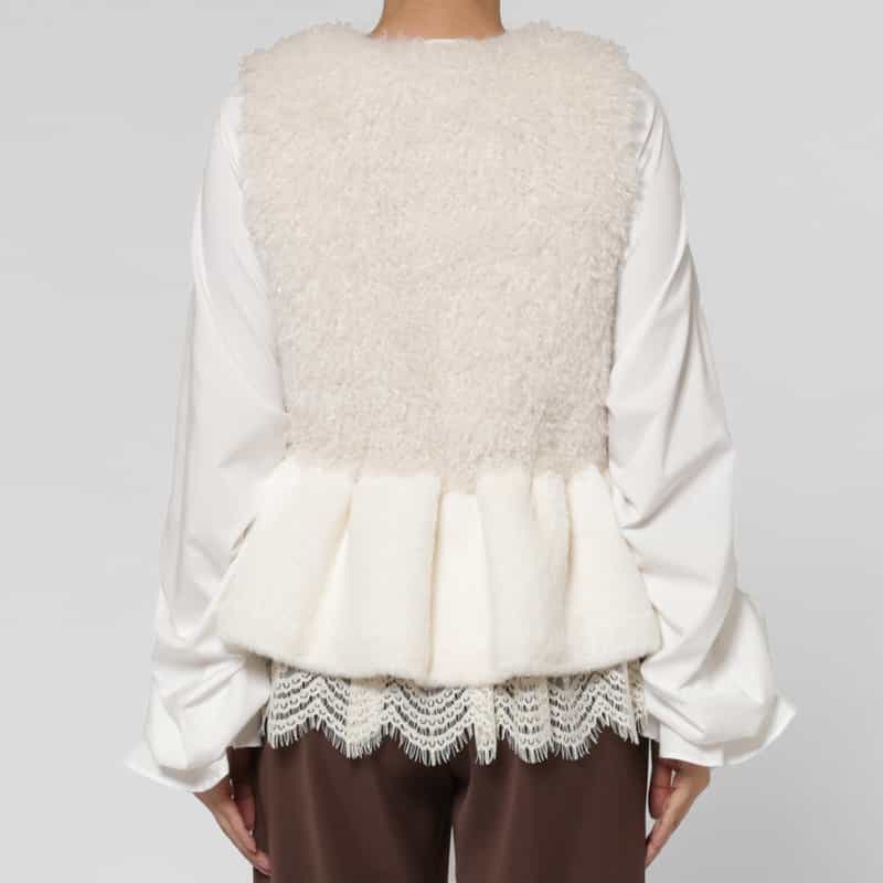 BARNEYS NEW YORK エコファーWヘムデザイン 2WAYショートベスト OFF WHITE