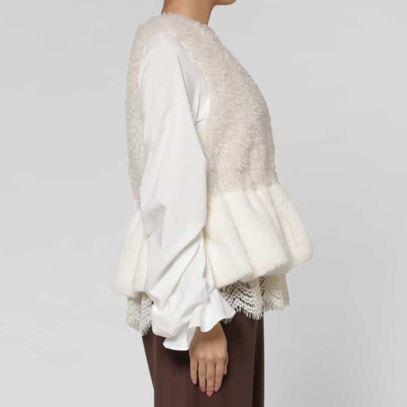 BARNEYS NEW YORK エコファーWヘムデザイン 2WAYショートベスト OFF WHITE