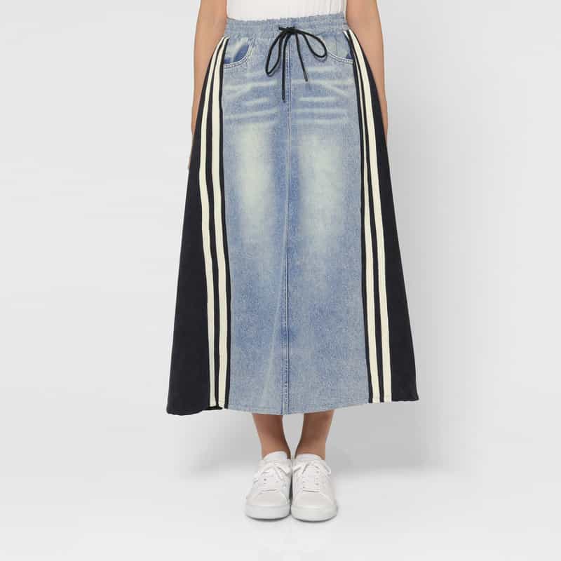 BARNEYS NEW YORK デニム×コーデュロイ素材ドローストリング ラインデザインスカート LIGHT BLUE