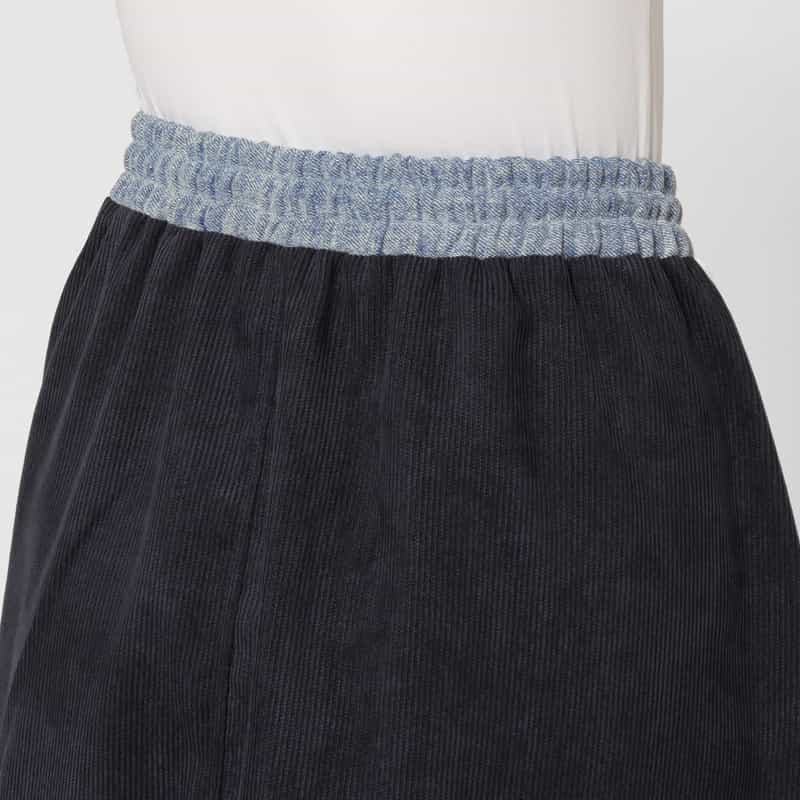 BARNEYS NEW YORK デニム×コーデュロイ素材ドローストリング ラインデザインスカート LIGHT BLUE