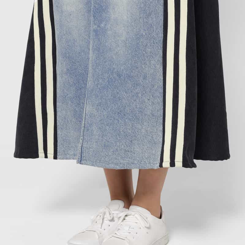 BARNEYS NEW YORK デニム×コーデュロイ素材ドローストリング ラインデザインスカート LIGHT BLUE