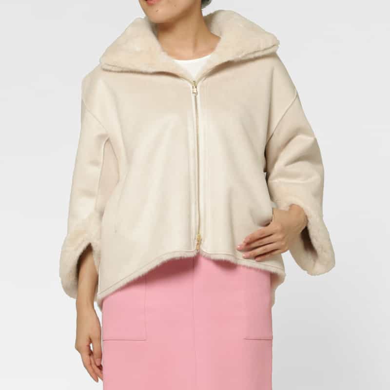 BARNEYS NEW YORK フェイクファー ジップアップショートブルゾン IVORY
