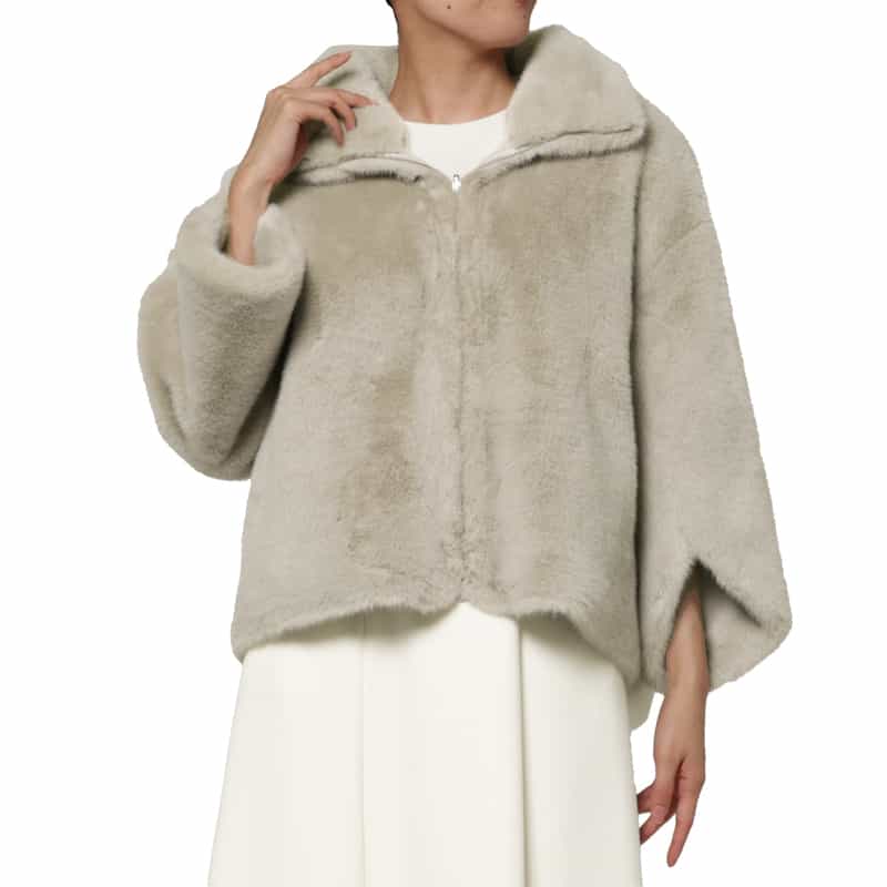 BARNEYS NEW YORK フェイクファー ジップアップショートブルゾン LIGHT GRAY