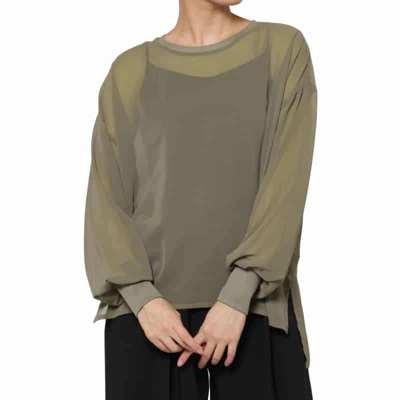 BARNEYS NEW YORK ウォッシャブル シフォンジョーゼット素材シアーブラウス KHAKI
