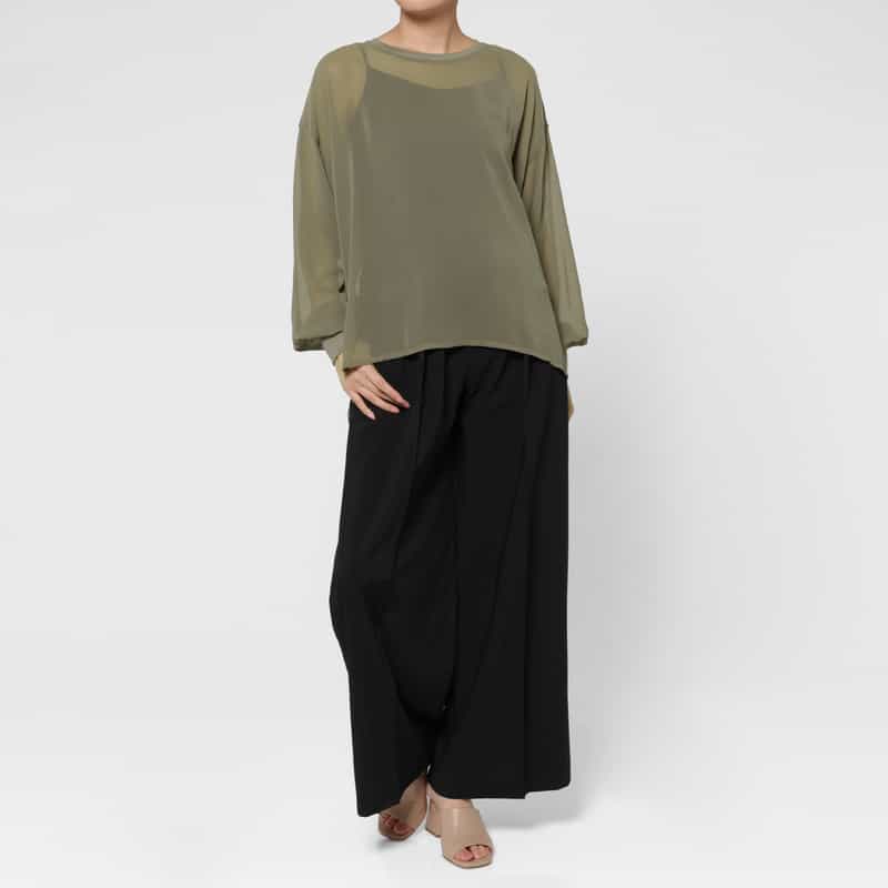 BARNEYS NEW YORK ウォッシャブル シフォンジョーゼット素材シアーブラウス KHAKI