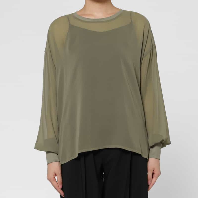 BARNEYS NEW YORK ウォッシャブル シフォンジョーゼット素材シアーブラウス KHAKI
