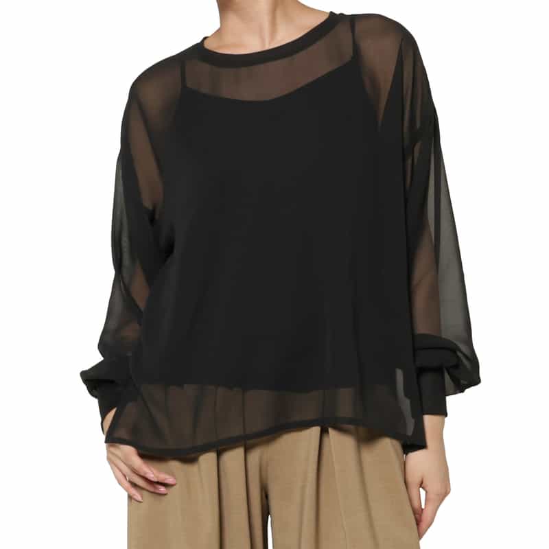 BARNEYS NEW YORK ウォッシャブル シフォンジョーゼット素材シアーブラウス BLACK